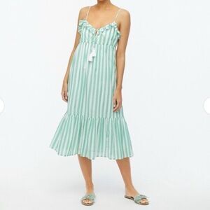 J.Crew Midi Dress Womens Small Green White Cotton Striped Ruffle Tiered Cover Up